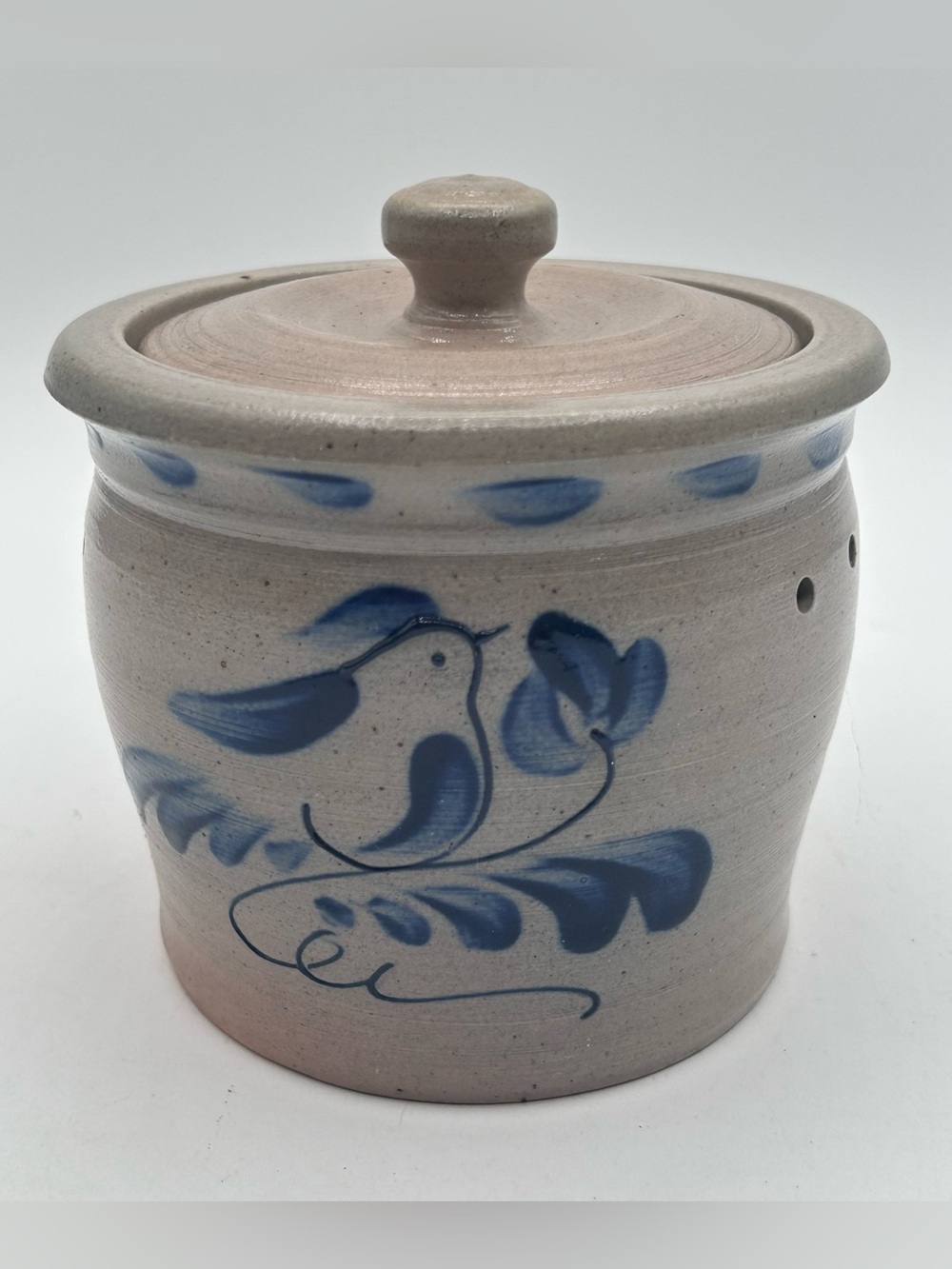 Eldreth Vintage Salt Glaze Garlic Keeper Jar Lidded Bird Of Love Chipped